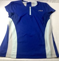 Fila Sport Women Athletic Polo Top Medium Blue White Zip Neck Short Slee... - $18.00