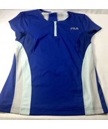 Fila Sport Women Athletic Polo Top Medium Blue White Zip Neck Short Slee... - £14.15 GBP