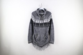 Vtg 90s Streetwear Womens Small Alpaca Wool Blend Knit Fringed Hoodie Sw... - £38.80 GBP