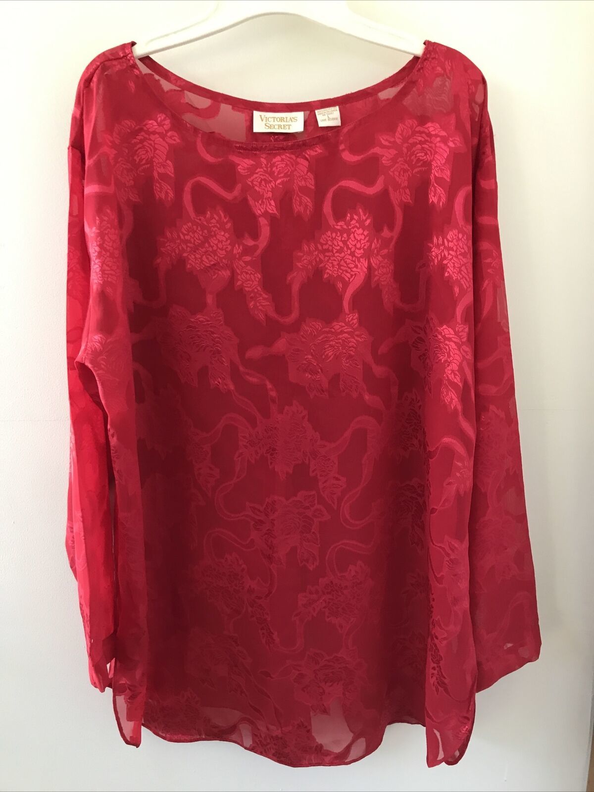 Primary image for Vtg Victorias Secret Gold Label Red Sheer Floral Flowy Pajama Shirt Gown Top L