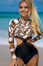 Beach Fashion Women&#39;s Chic Long Sleeve Floral Print Hollow Side Cutout One Piece - £22.51 GBP