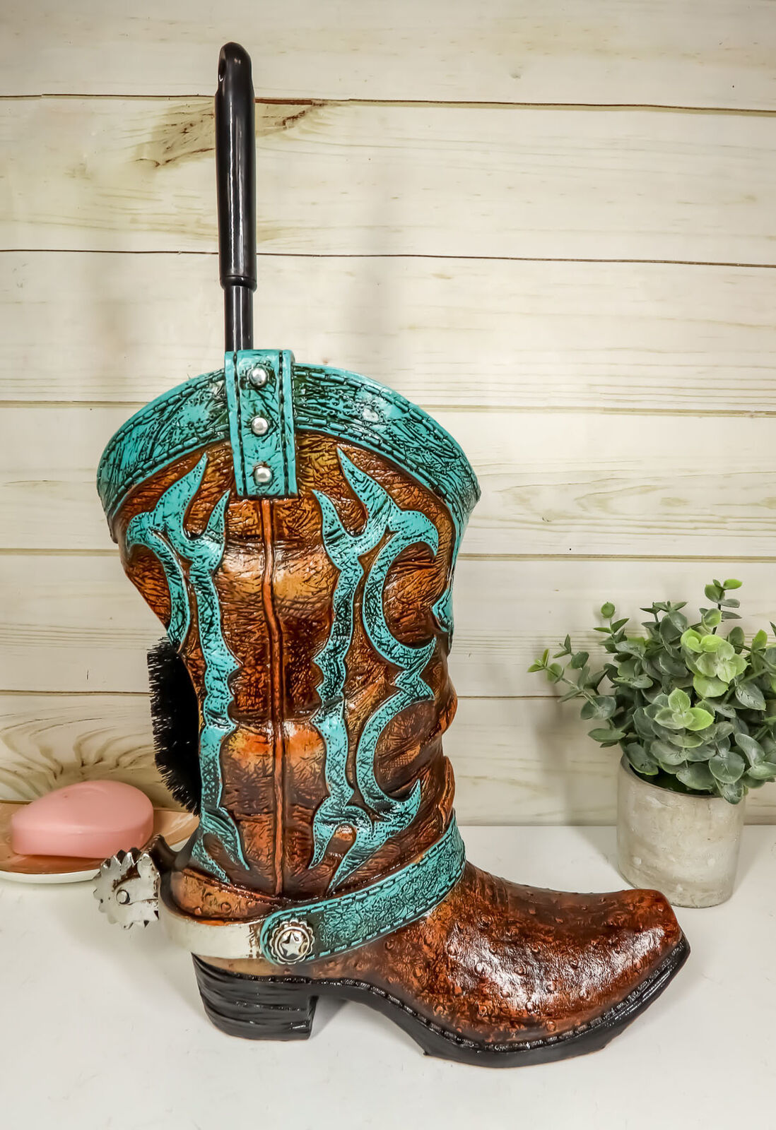 Ebros Western Turquoise Cowboy Boot with Spur Toilet Bowl Brush and Base Holder