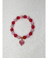 Pink Heart Charm Beaded Stretch Bracelet Valentine&#39;s Day - £9.41 GBP