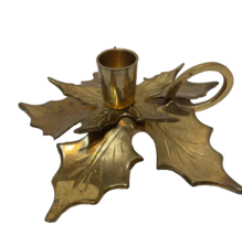 Vintage Christmas Solid Brass Candlestick Holder Holly Leaves With Handle India - £13.80 GBP