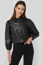 Women Puffy Sleeve Front Button Shirt Black Leather Soft Lambskin Leathe... - $107.71