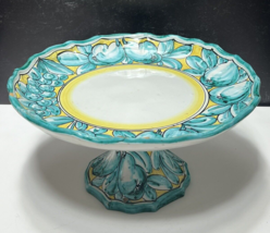 LG Bitossi Premodern Pedestal Footed Platter Cake Plate Blue Yellow Hand Painted - £93.96 GBP
