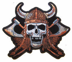 6 INCH VIKING w hat SKULL AXE MOTORCYCLE PATCH JBP55 jacket BACK patches... - $17.75
