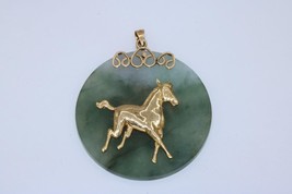 14K Yellow Gold Green Jade Round Chinese &quot;Love&quot; Horse Pendant Charm 45mm - £634.89 GBP