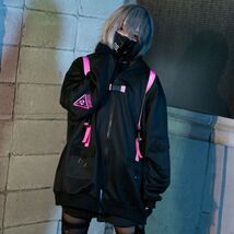 Cyberpunk Cat ears black &amp; bright pink punk emo zip up hoodie - unisex XL - $60.00