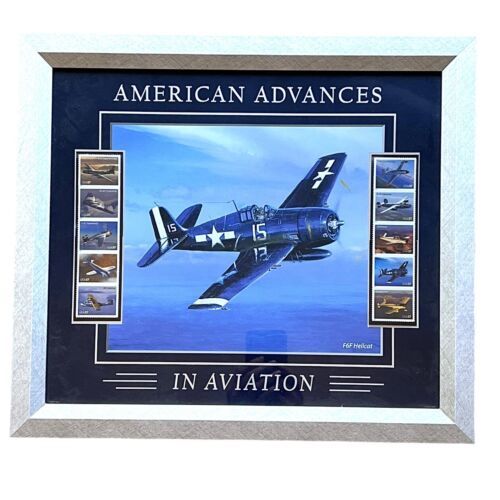 Primary image for F6F Hellcat Fighter Plane Framed Print and Stamps American Advances in Aviation
