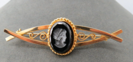 Vtg Intaglio Cameo Style Bar Pin Brooch Black Glass Face Gold Tone Rhinestones - £19.58 GBP