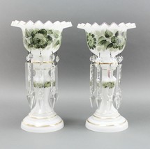 German Bohemian Hand Painted Glass Floral Mantle Lusters With Crystal Prisms VTG - £265.56 GBP