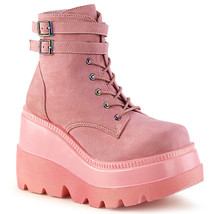 Demonia SHAKER-52 Women&#39;s Punk Wedge Platform Pink Faux Suede Ankle Boots - £79.34 GBP