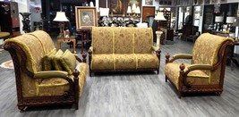 Antique Heavily Carved Upholstered Sofa, Loveseat and Armchair Parlour S... - $6,500.00