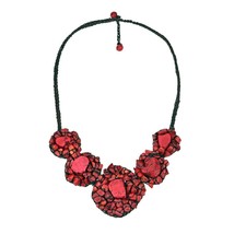 Tribal Chic Chunky Red Mosaic on Cotton Rope Statement Necklace - £29.81 GBP