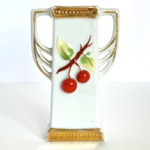 Cherries Hand Painted Relief Gold Trim Amphora Numbered Rectangle Mantle Vase 5&quot; - £19.18 GBP