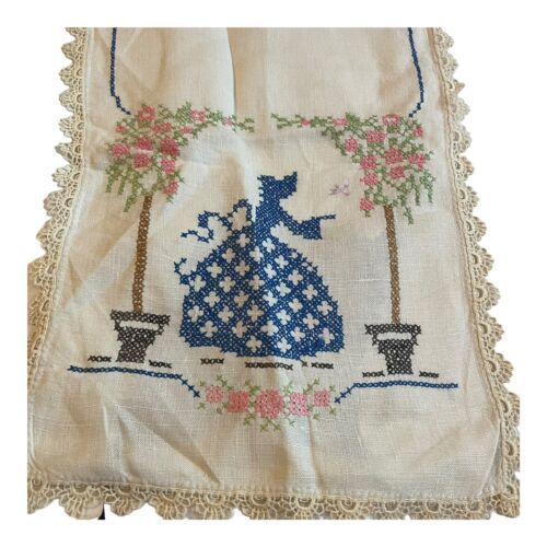 Primary image for Cross Stitch Victorian Woman Gardening Roses Flowers Dresser Scarf Table Runner