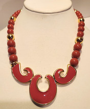 Napier Choker Necklace Red/Mauve Enamel Pendant Beads 18 Inches Long 1980s - $29.95