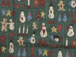 Folk Art Christmas Fabric Remnant 1 yd Snowman Gingerbread Stars Hearts - £6.23 GBP