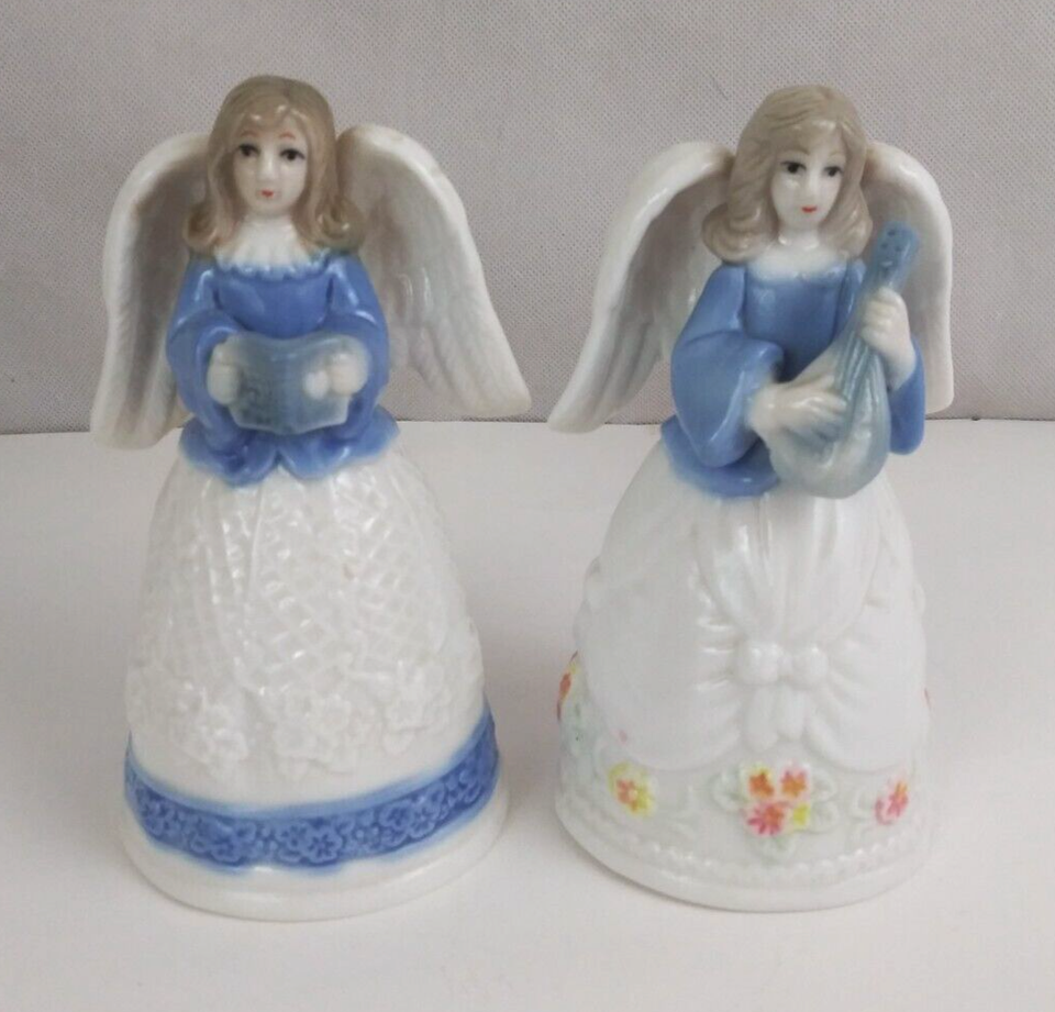 Vintage Set Of 2 Angel Bells With Bible &amp; Lute 5.5&quot; Collectible Bells - $17.81
