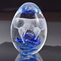 Egg Shaped Glass Paperweight Clear Art Glass with Blue Swirls and White Flowers - £11.20 GBP