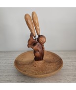 Vintage Hand Carved Wood Squirrel Nutcracker &amp; Dish Giftable - $44.64 CAD