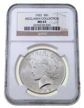 1922 $1 Silver Peace Dollar Graded by NGC as MS-63 McClaren Collection! - $84.15