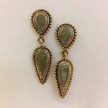 Green Enamel Earrings Tear Drop Ornate Antique Gold Tone Metal Pierced Post - $25.00