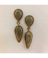 Green Enamel Earrings Tear Drop Ornate Antique Gold Tone Metal Pierced Post - £19.92 GBP