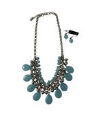 Statement Necklace Set Teal Blue Beaded Silver Tone Chain Bib Necklace E... - $17.10