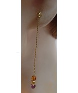 14K Gold (Stamped) Dainty Ear RIngs with 3 Beads. Gold, Amber &amp; Purple   - £50.61 GBP