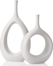 White Ceramic Hollow Vases Set Of 2, Flower Vase For Decor,, Housewarming Gift - £33.86 GBP