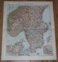 1910 Original Antique Map Of Southern Scandinavia Sweden Norway Stockholm Oslo - £22.02 GBP