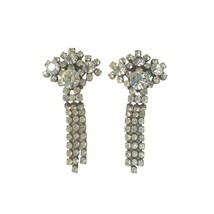 Vintage Clear Rhinestone Dangle Drop Earrings Clip On Silver Tone - $69.99