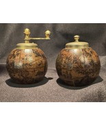 Vintage Globe Salt &amp; Pepper Shakers Set Made in Italy Brass Trim Map Design - $26.25 CAD