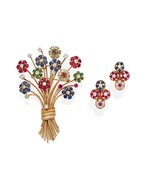 14k Gold Gem-set Flower Bouquet Brooch and Ear Clips w/ 3.42 ct Diamonds... - $6,415.51