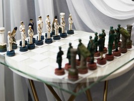 USA Soldier Theme Army vs Navy Chess Set Hand Painted with Glass Board 17 Inch - £78.23 GBP