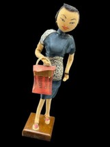 Antique Folk Art Doll 10&quot; Asian Decor Statue Figurine Woman Silk - $19.00
