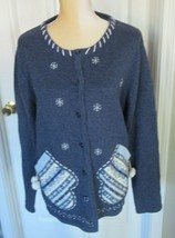 Classic Elements Blue Winter Silver/Pearl  Beading Cardigan Sweater sz L - £7.96 GBP