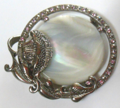 Vintage Floral Mother of Pearl Brooch W/Light Pink Rhinestones 1.7/8&quot; Diameter - $27.71