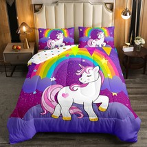 Girls Unicorn Comforter Set Twin Girls Bedding Set Cute Rainbow Unicorn Print Do - £61.54 GBP