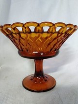 Vintage Amber Glass Pedestal Bowl - Basket Weave Lattice - $35.00
