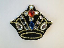 Crown Brooch Black Fabric Gold Wire Colorful Plastic Stone Red Blue Clea... - $9.99