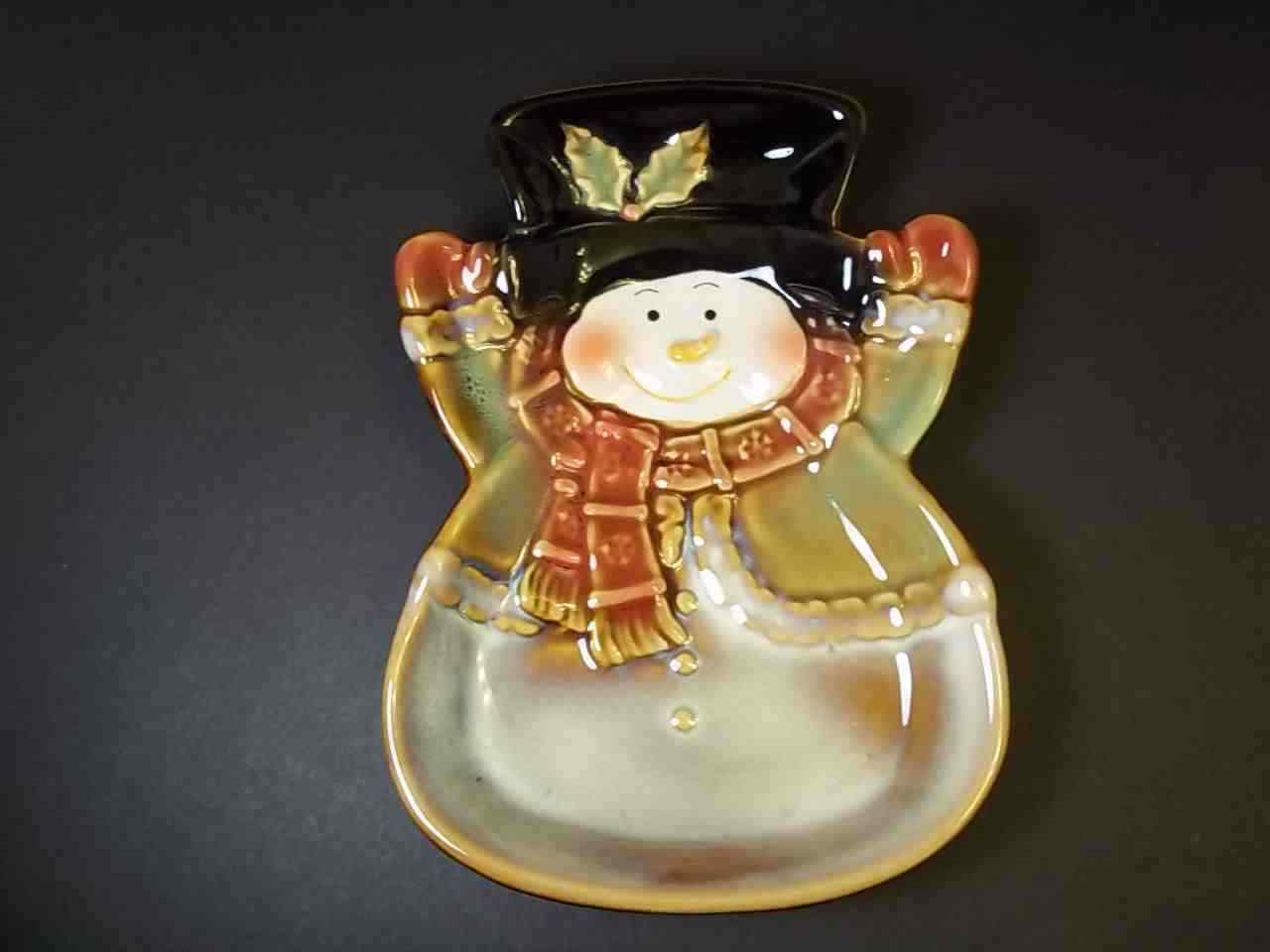 Glazed pottery Snowman nut candy dish Gibson Brown earth tones - $8.95
