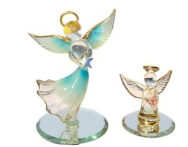 2 Glass House Angel Figurines Mirrored Holding Blue Star and Heart Crystal - £19.18 GBP