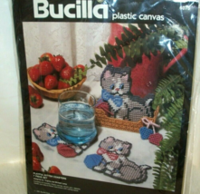 Vintage Bucilla Playful Kittens Coasters 7 Pc Set Plastic Canvas Needlec... - $14.84