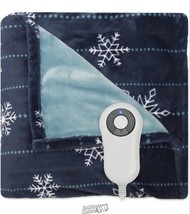 Serta Silky Plush Electric Heated Warming Blanket Snowflake Navy Blue Queen - £60.03 GBP