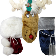 Lot of 3 Wine Gift Bags Sleeves Christmas Decorated Reindeer Blue Red Socks 10" - £10.32 GBP