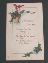 Holly Basket w/ Ribbon Christmas Greetings Holiday JPNY Vtg Postcard 1925  - $3.99