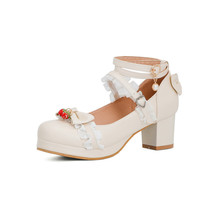 Women Cute Lolita Cosplay Shoes Bow Mid Chunky Heel Heart Strap Platform Mary Ja - £58.90 GBP
